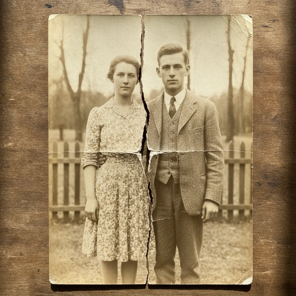 Old outdoor couple photo with a hard fold crease running vertically through the center