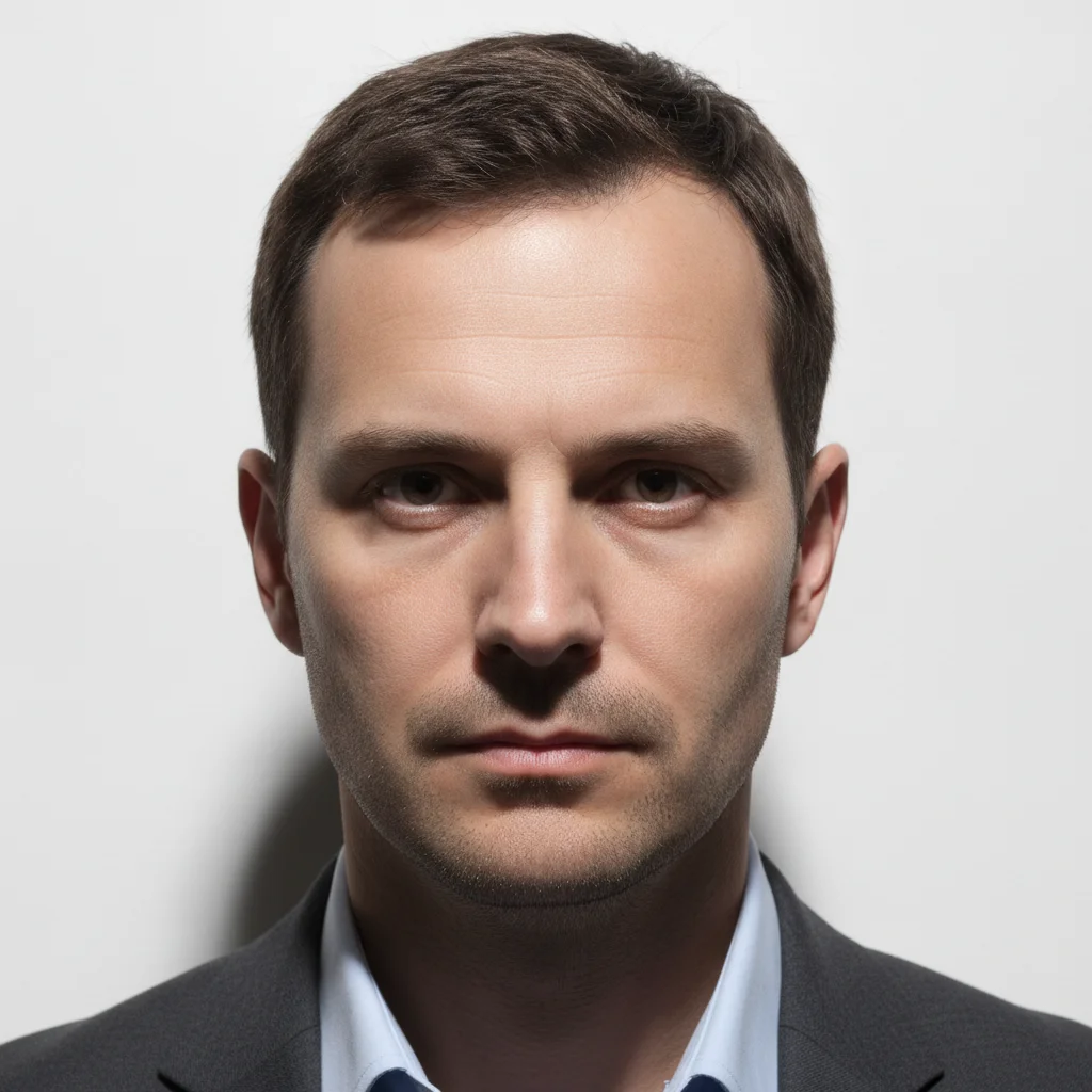 Headshot with harsh shadows under the eyes and nose from overhead lighting