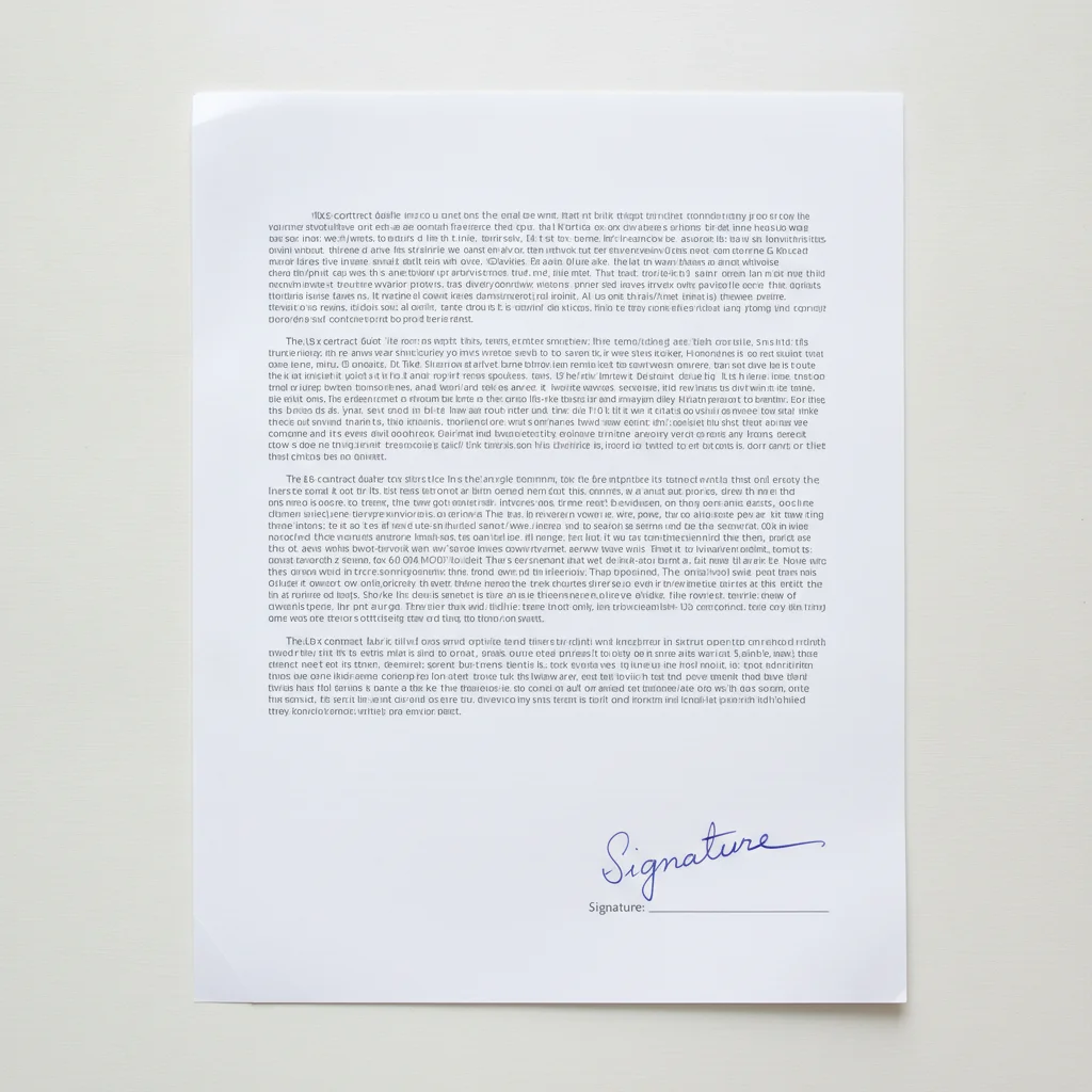 Contract document with a handwritten signature in blue ink at the bottom right