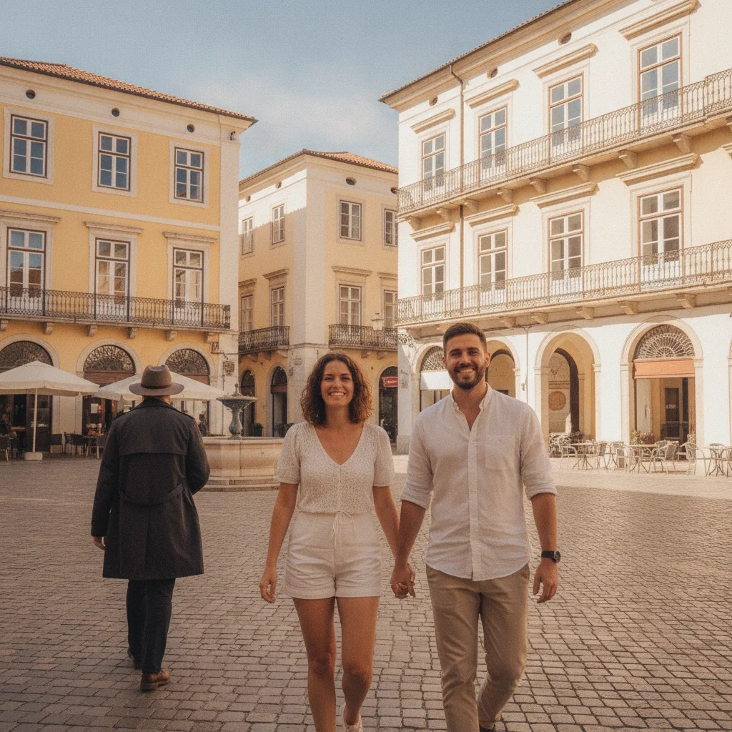 Travel photo at a cobblestone square with a stranger walking in the background on the left