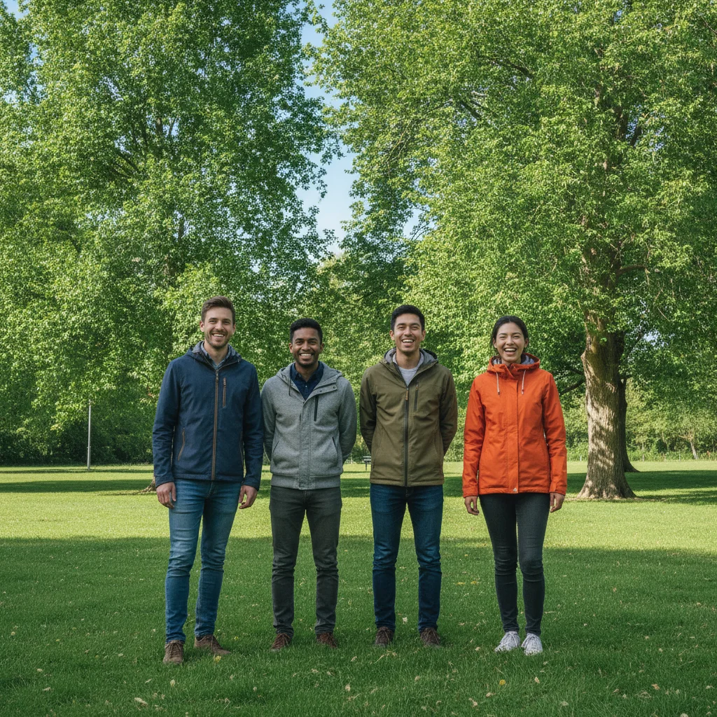 Four friends in a park with the person on the far right wearing an orange jacket