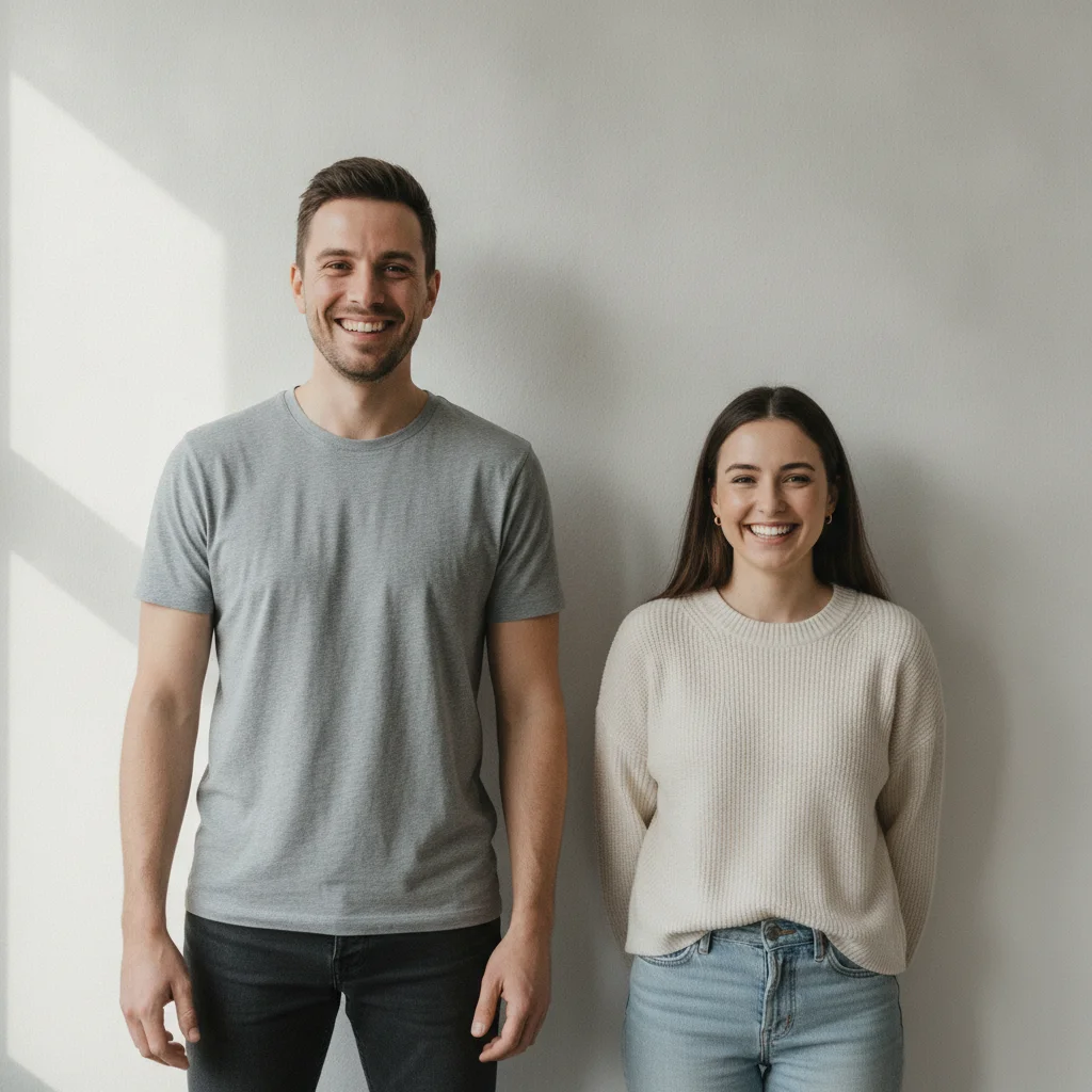 Two people standing side by side against a white wall