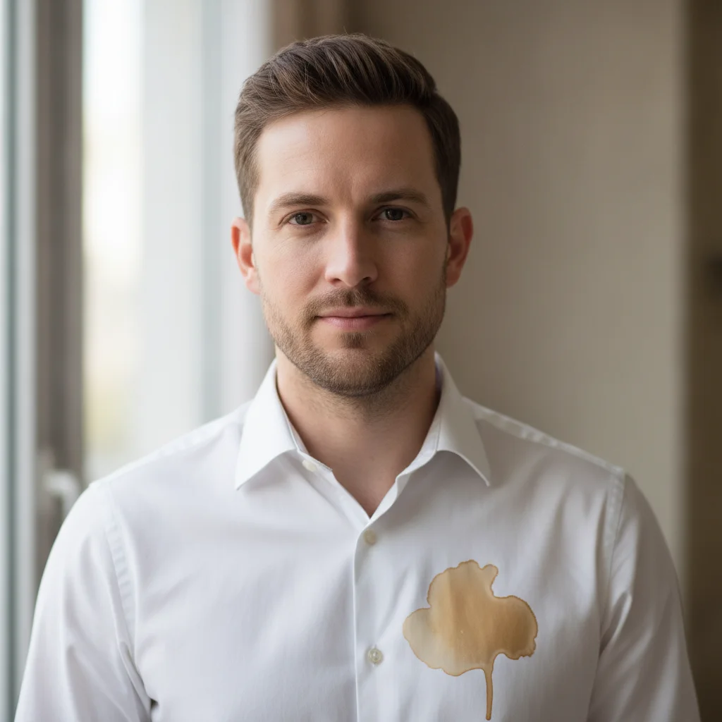 Portrait showing a large coffee stain on the front center of a white dress shirt