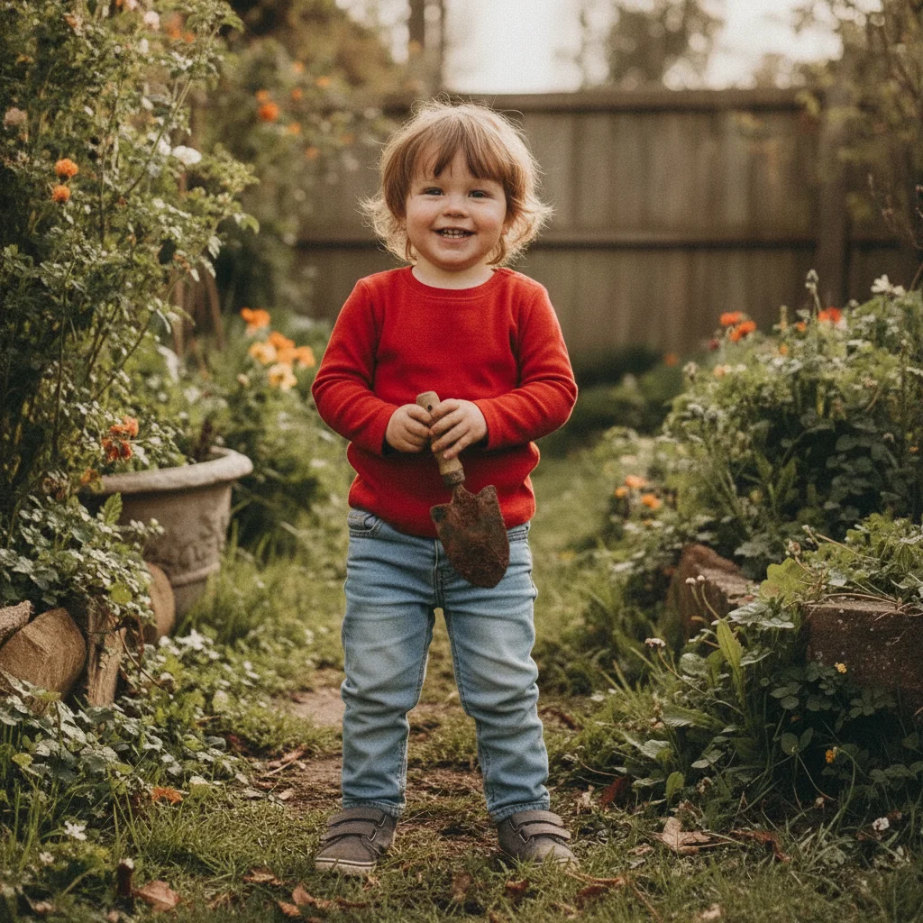 Same child with the mud stains removed and clean denim texture restored