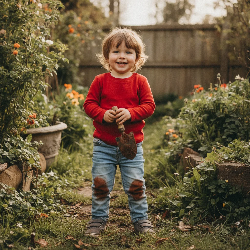 Child in light blue jeans with mud stains on both knees