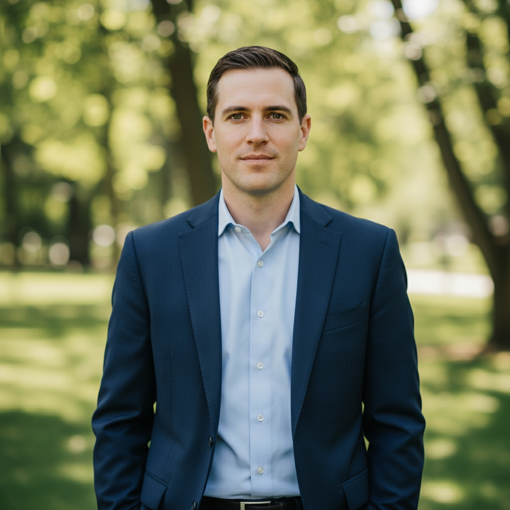 Same professional headshot with sunglasses removed, eyes visible