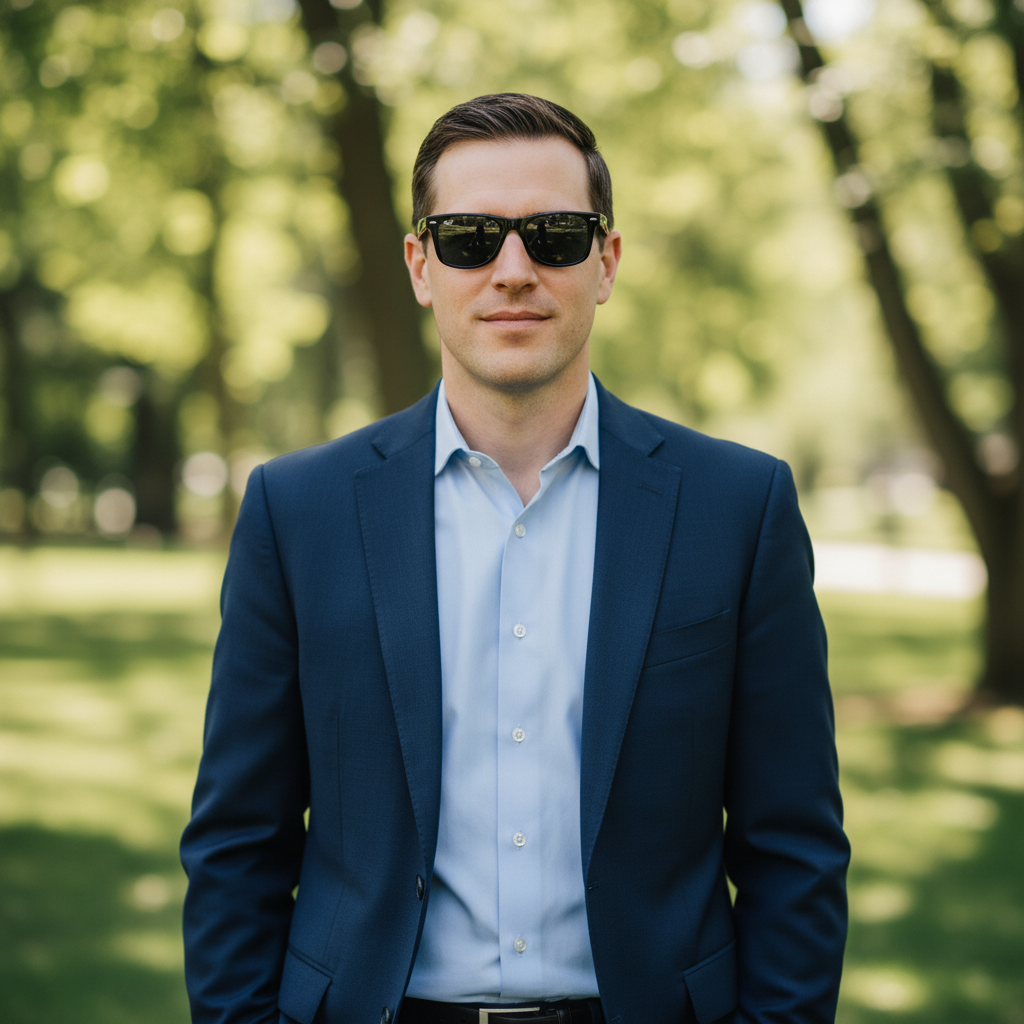 Professional man in outdoor setting wearing black wayfarer sunglasses