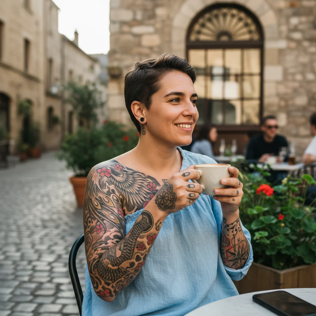 Man with colorful full arm sleeve tattoo