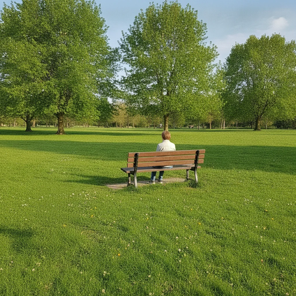Same park photo with the trash bin removed and grass fully restored