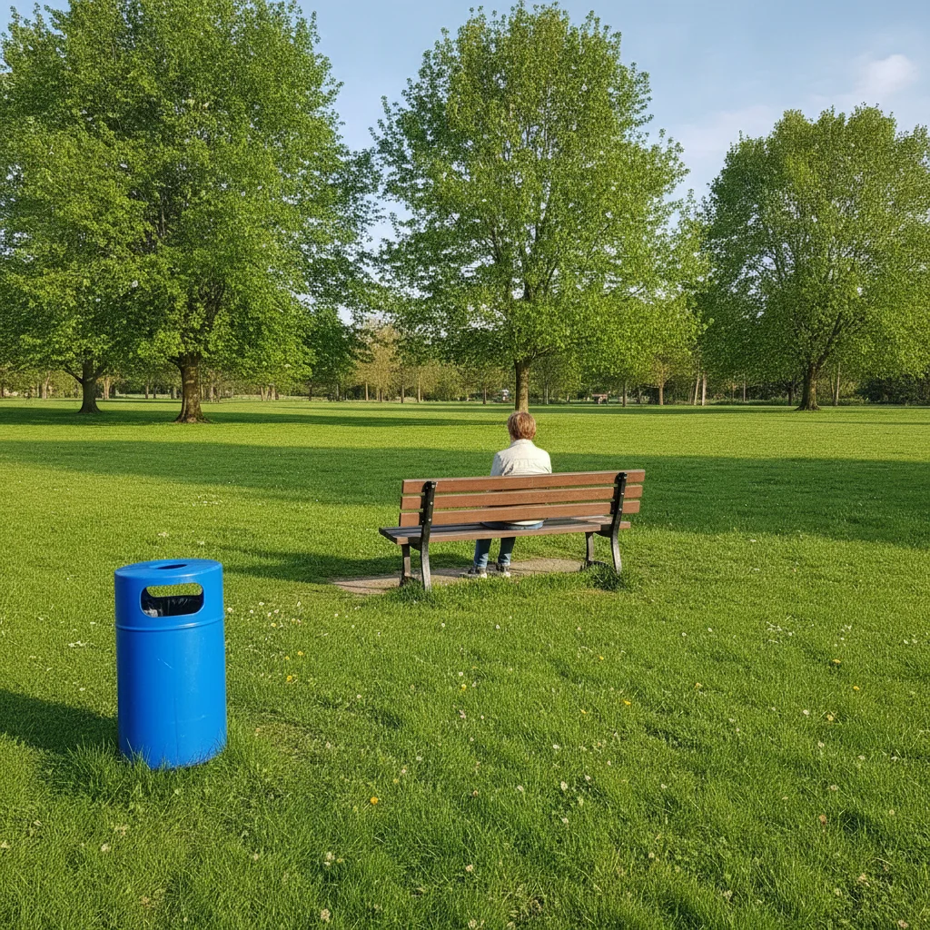 Casual park photo with a bright blue trash bin at the bottom left corner