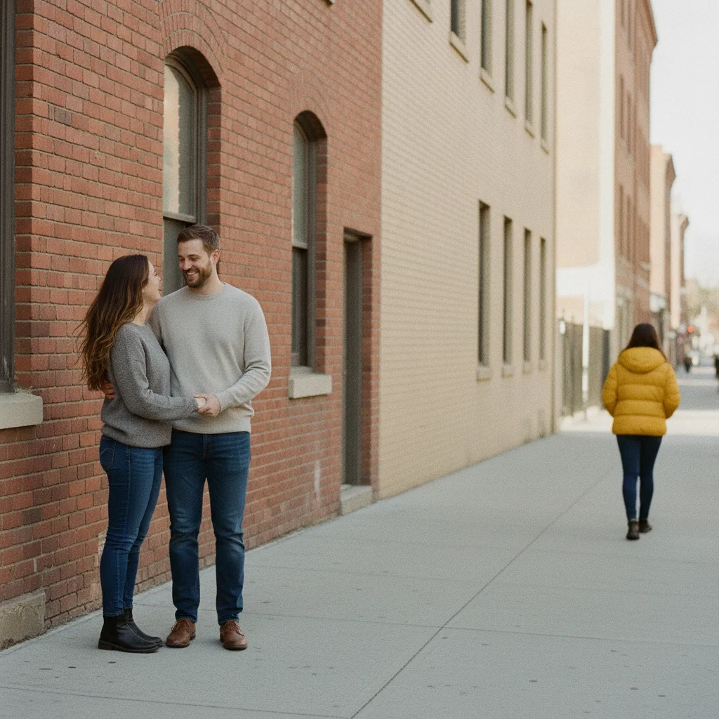 Street photo of a couple with a stranger in a yellow jacket walking in the background on the right