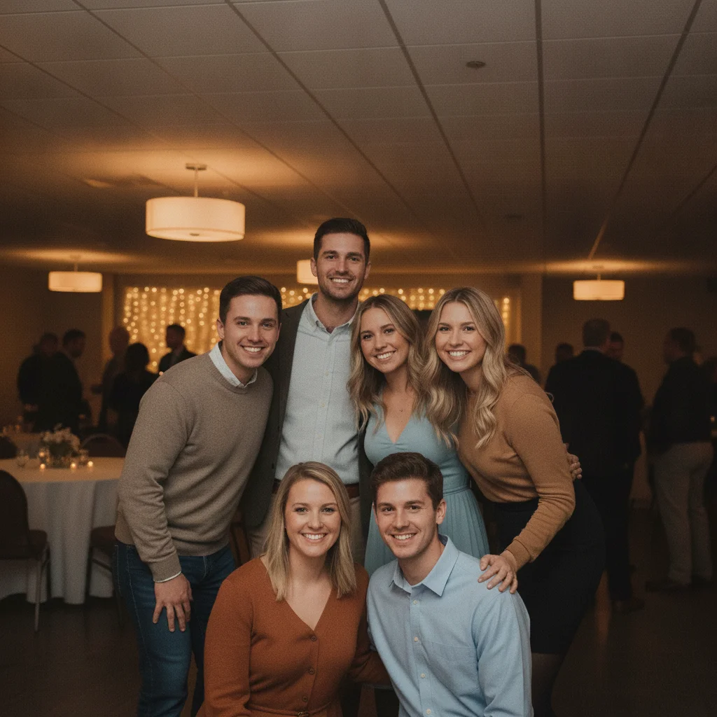 Same indoor group photo with the exit sign removed and ceiling fully restored