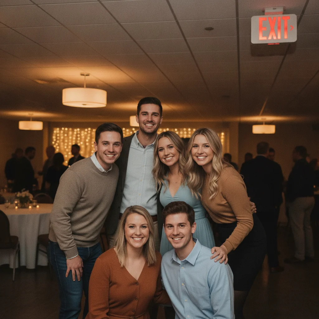 Indoor group photo with a bright red exit sign on the ceiling in the upper right corner