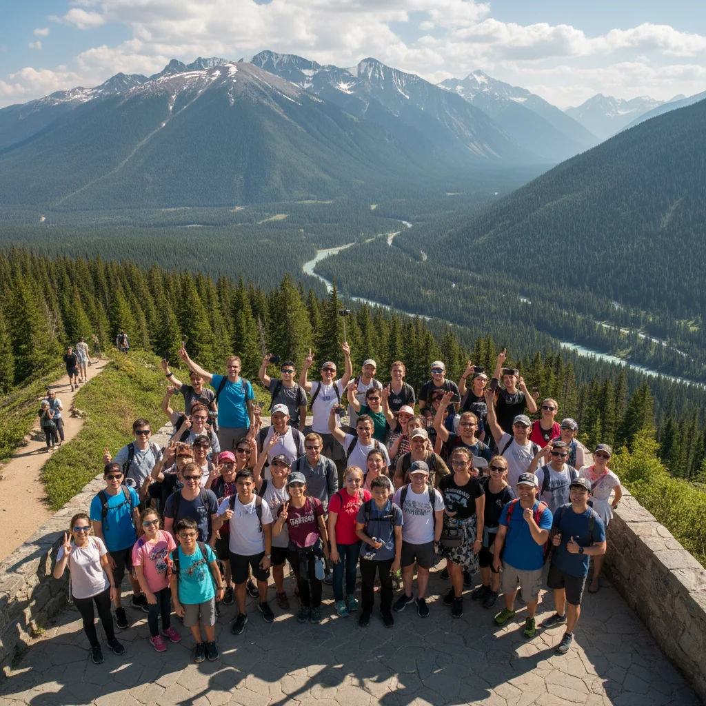 Mountain viewpoint with tourists in colorful jackets at railing