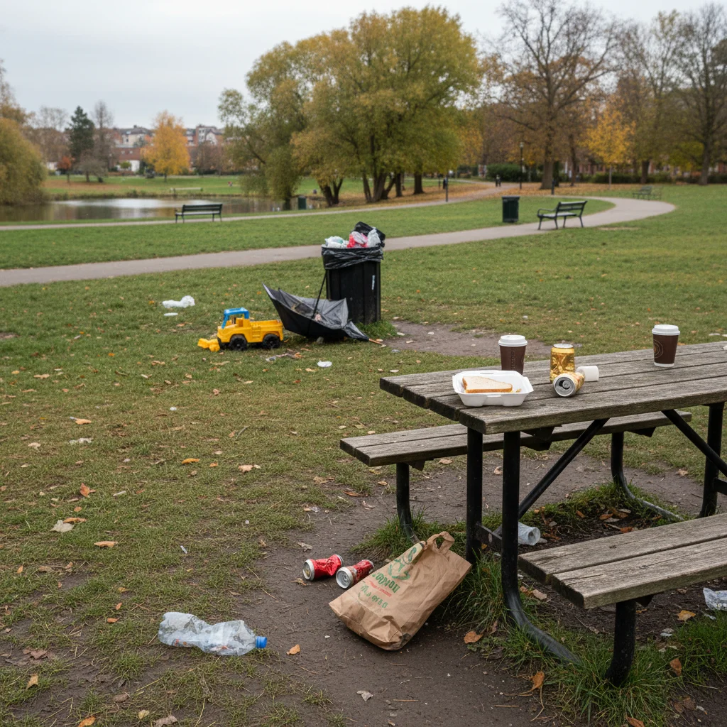 Park pathway with coffee cups and wrappers on grass