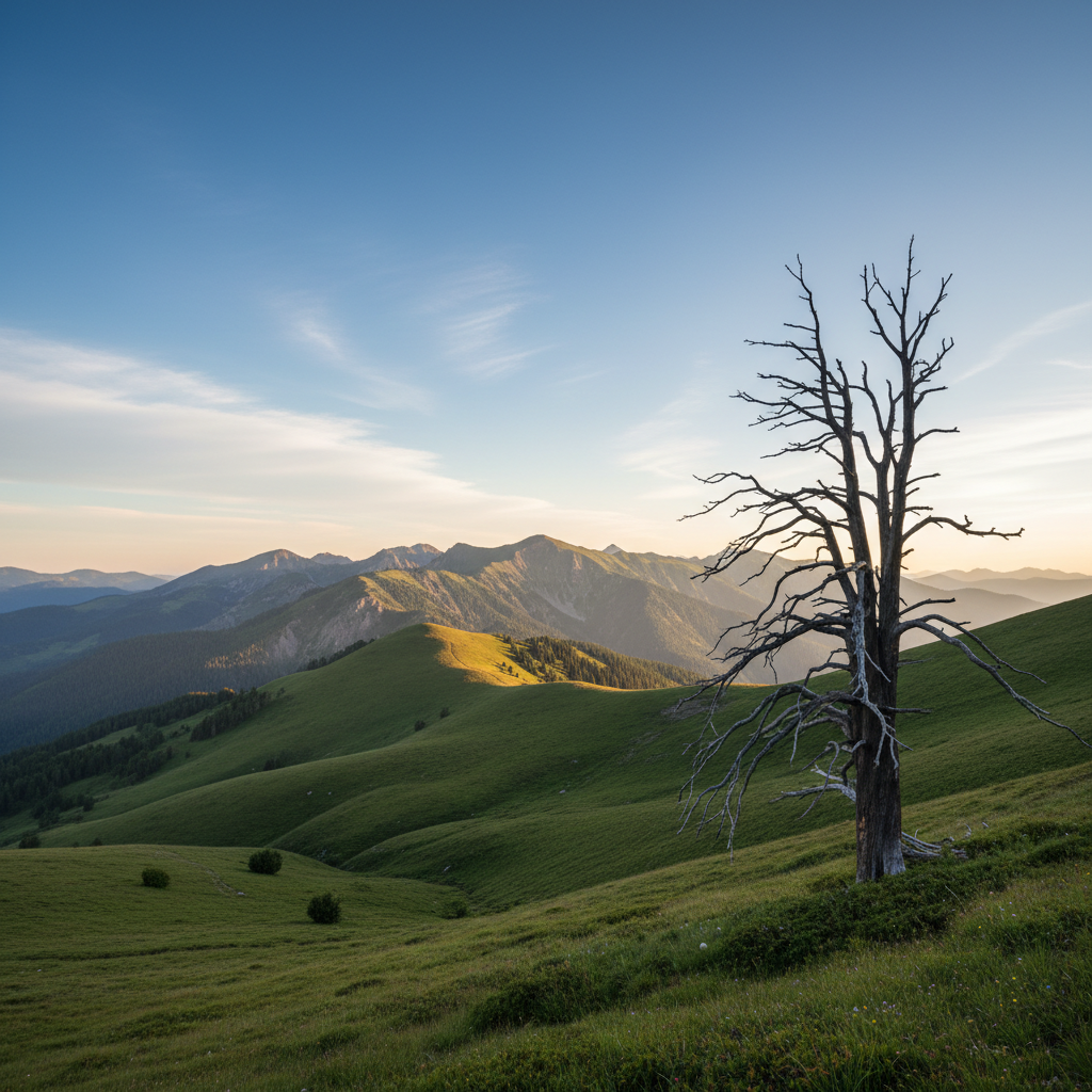 Mountain landscape with dead tree on the right