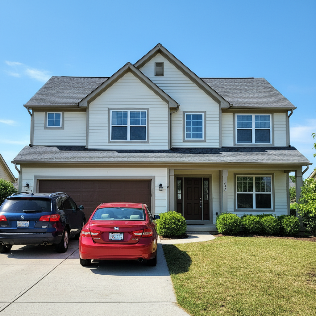 House with red and blue cars in driveway
