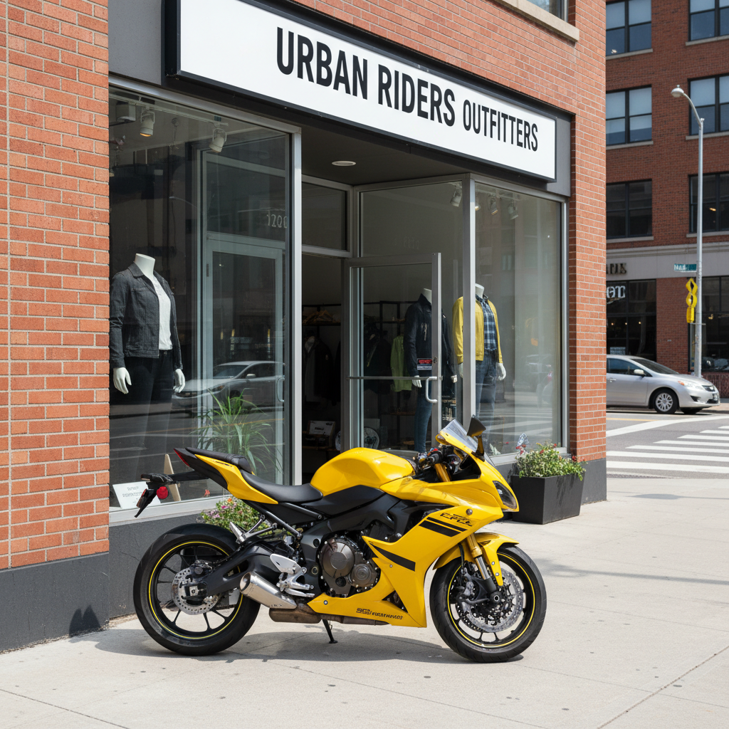 Storefront with yellow motorcycle on sidewalk
