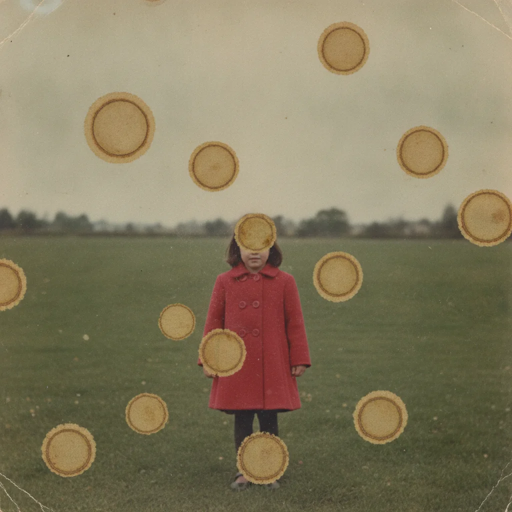 Old outdoor photo covered in yellow-brown water blotches with dark ring edges