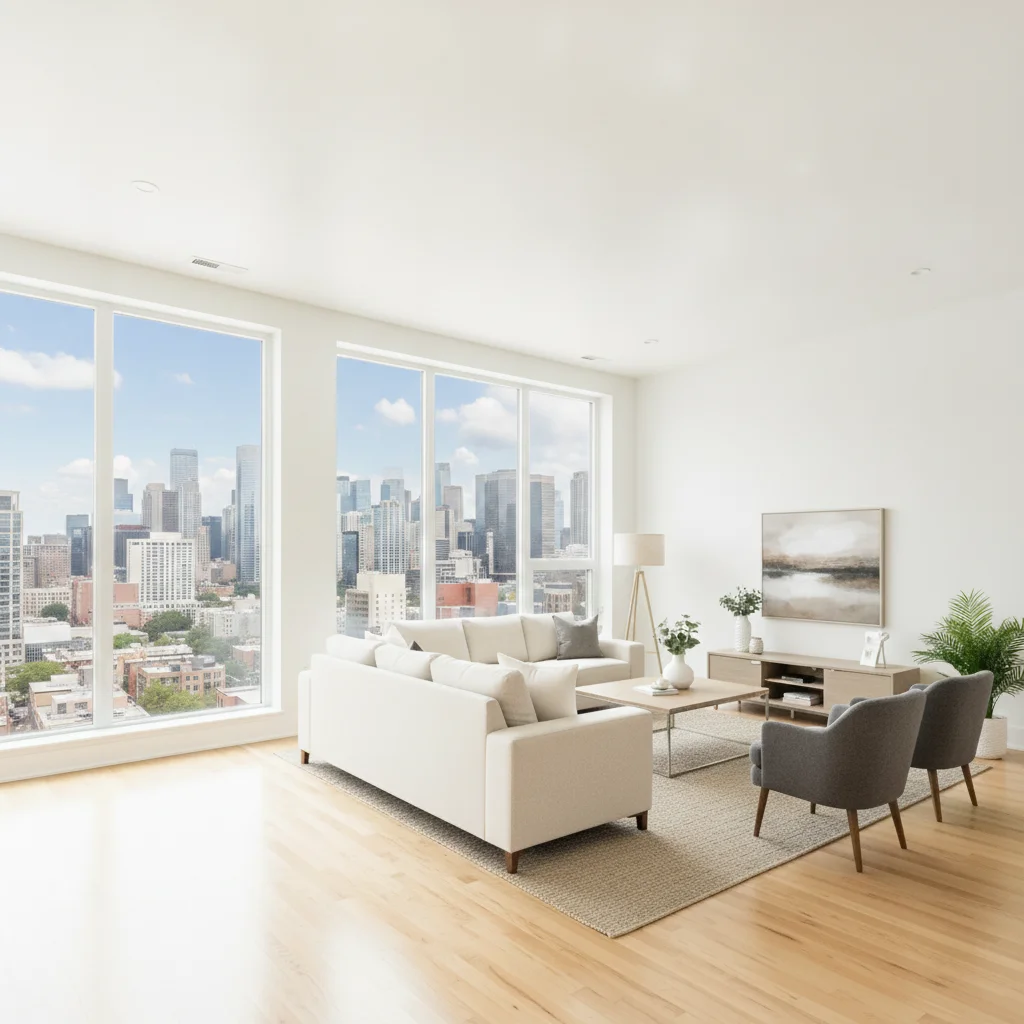 Same living room with the window reflection removed and an outdoor view visible through the glass