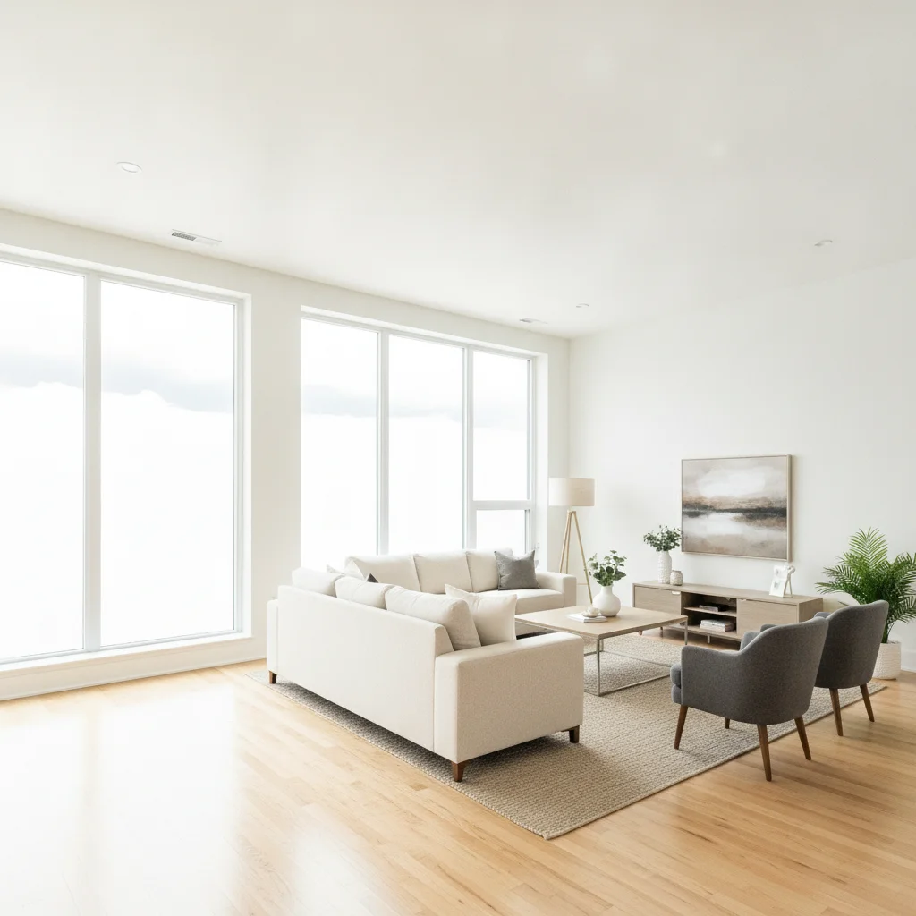 Living room interior with large window showing a bright sky reflection