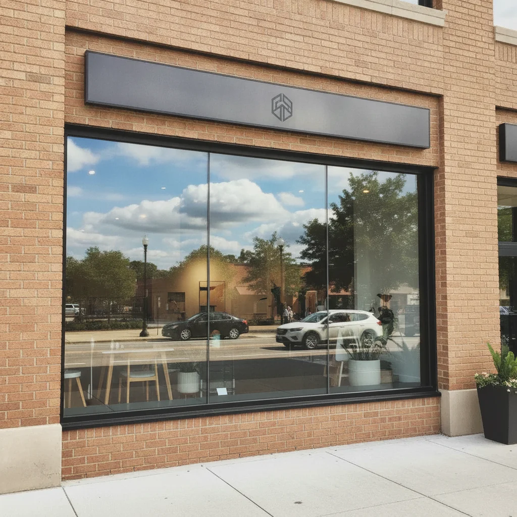 Same storefront with the reflection removed and the store interior visible through clear glass