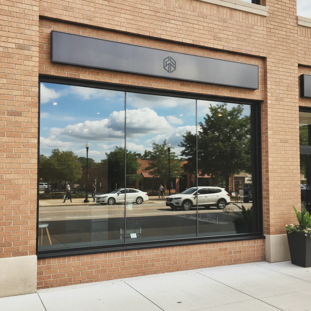 Storefront with a heavy street and sky reflection on the plate glass window