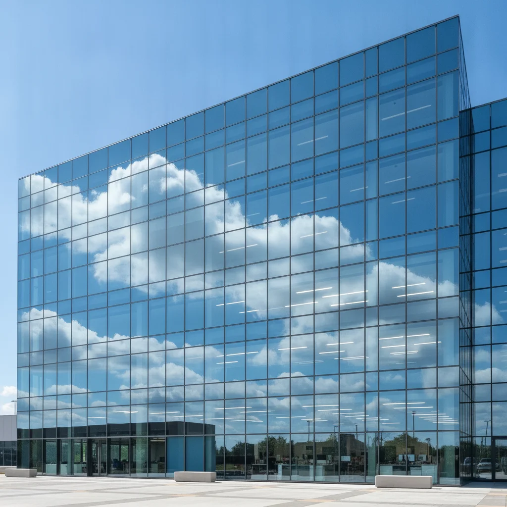 Same building with window reflections removed and the glass appearing clear and uniform
