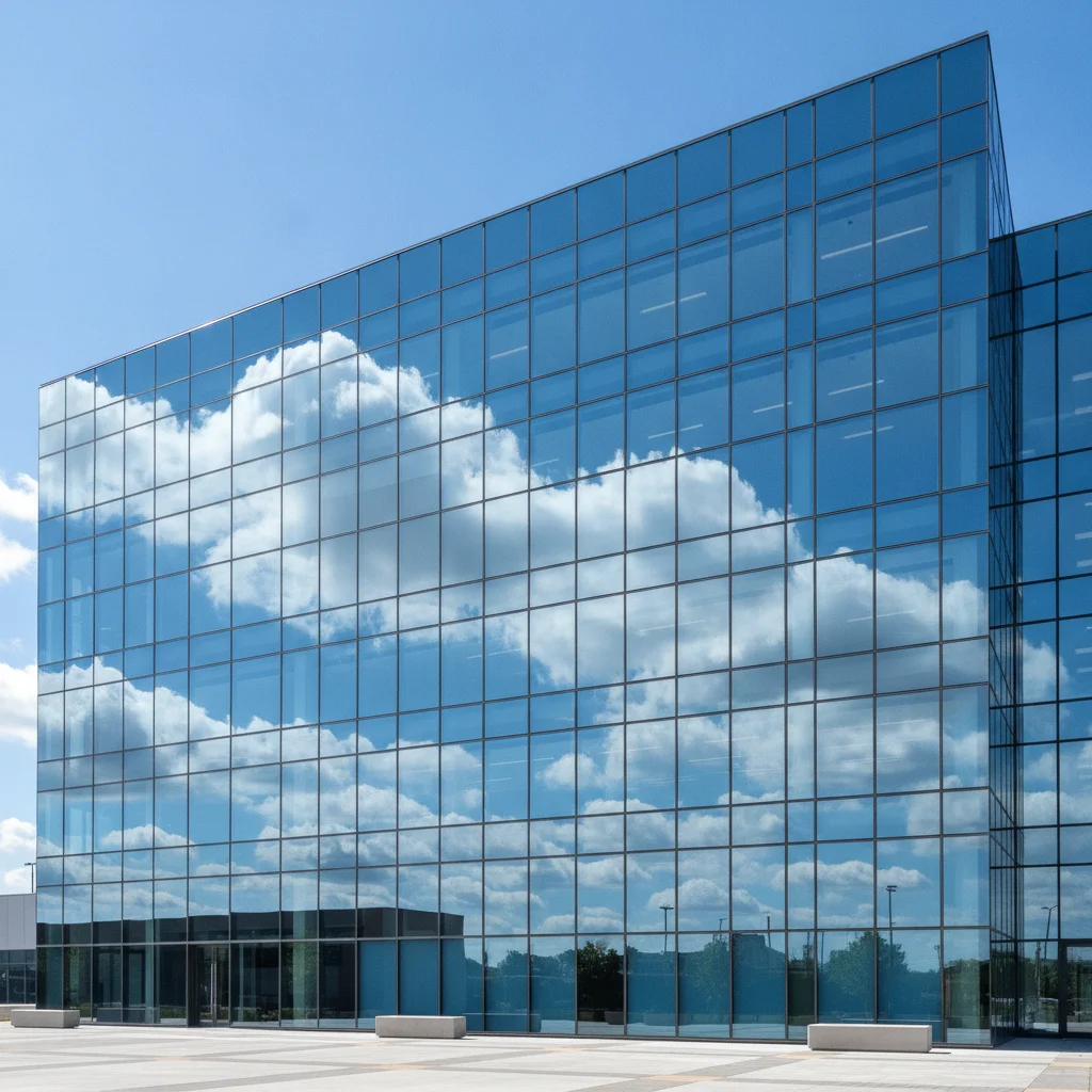 Office building exterior with cloud and sky reflections across the glass windows