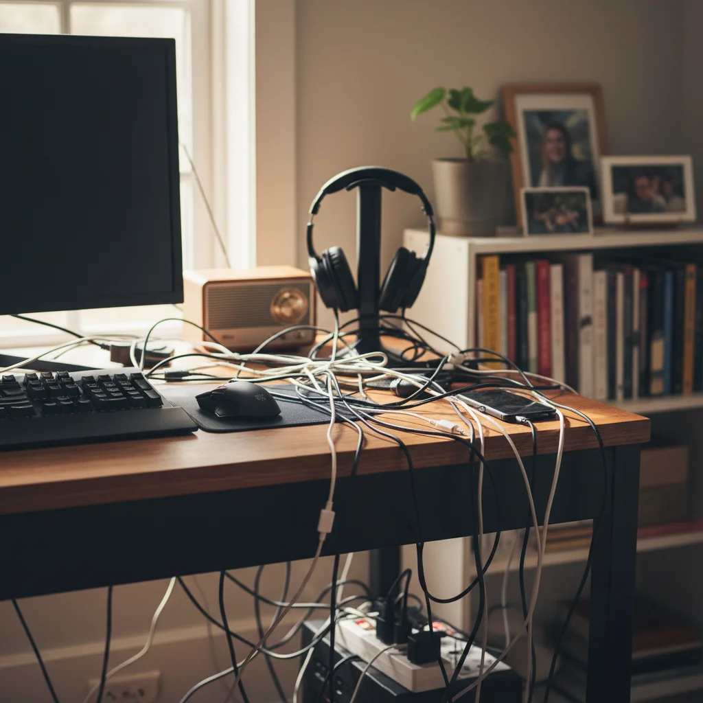Historic church with modern power lines crossing the sky