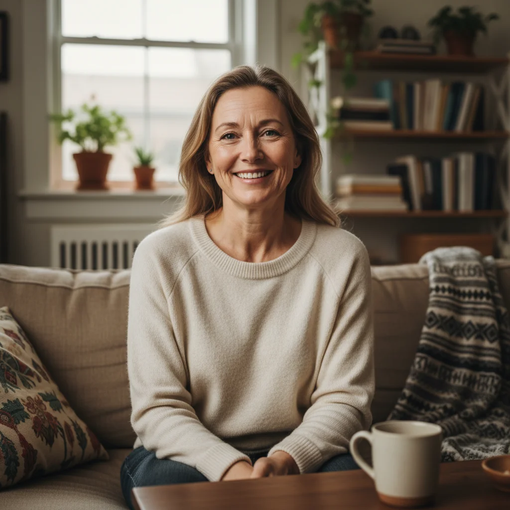 Professional headshot with visible forehead lines and smile lines