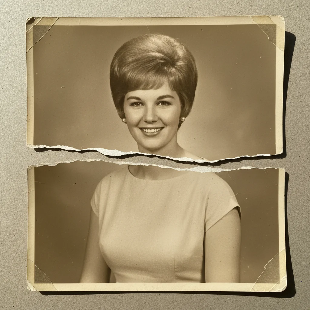 Portrait with visible horizontal tear line across the center