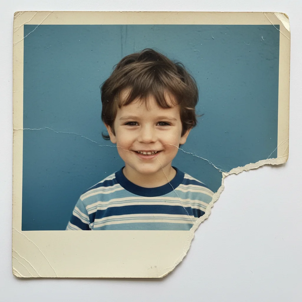 Childhood portrait with lower-right corner torn away showing white backing