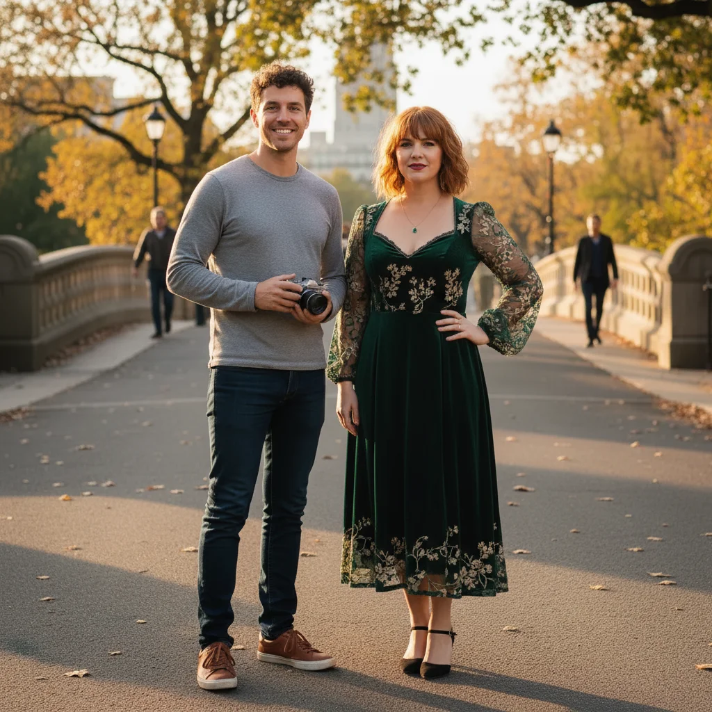 Same woman in cozy burgundy knit sweater dress