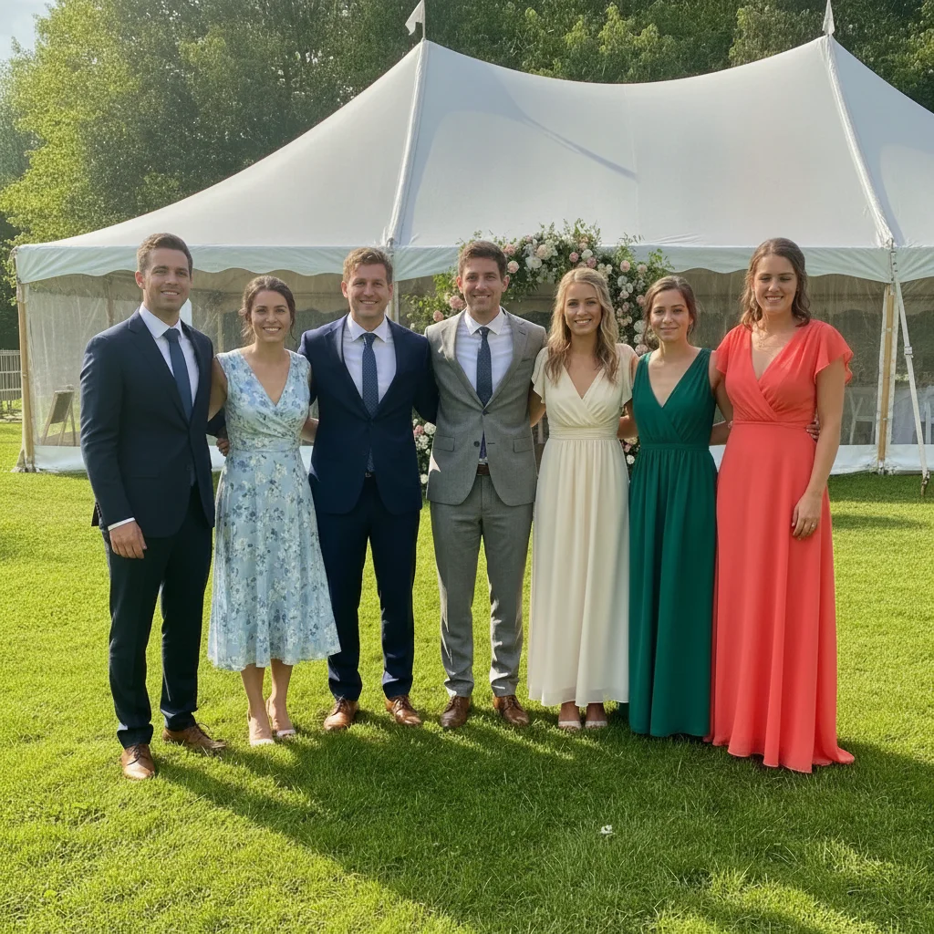 Same wedding photo with the person at the far right's face fixed using the reference photo