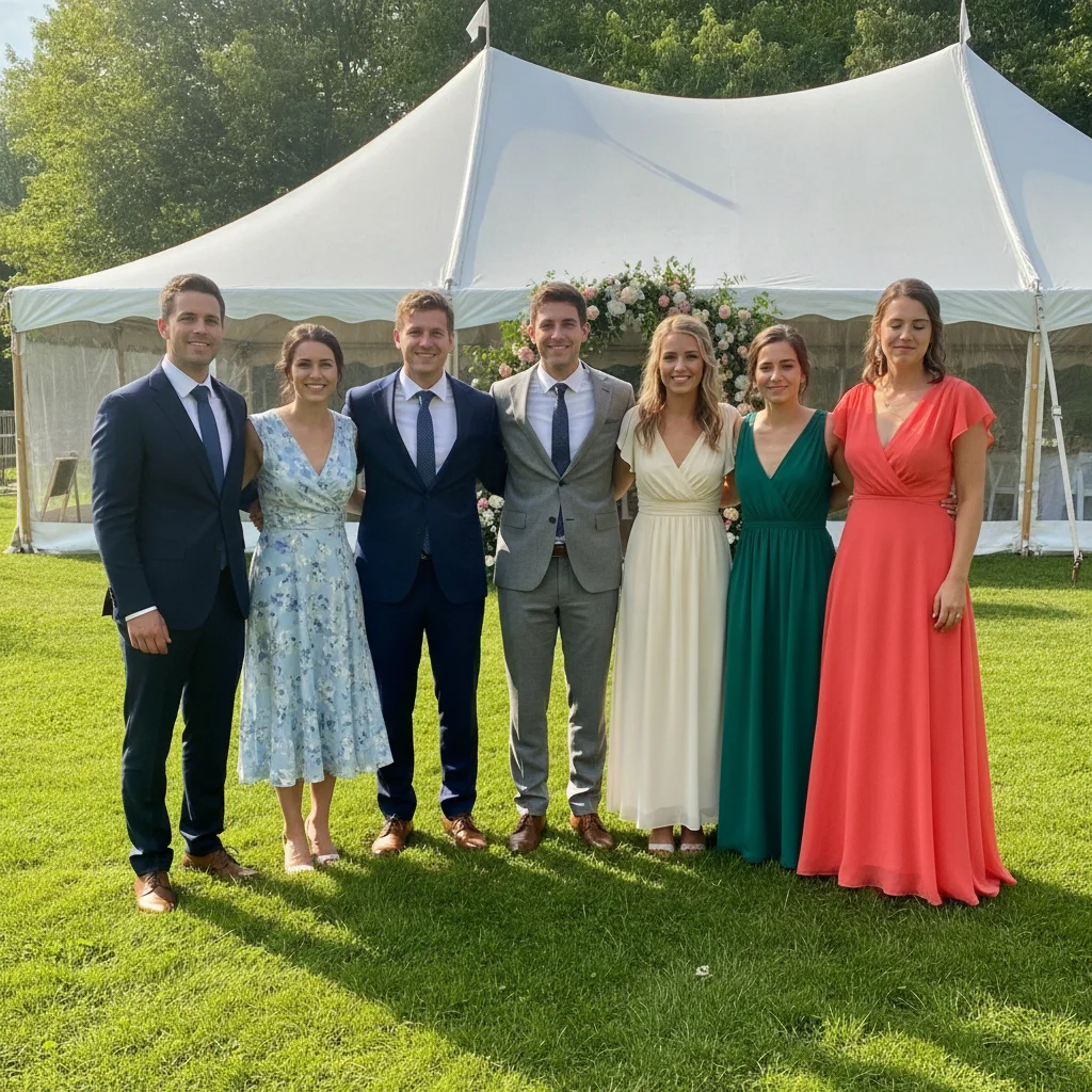 Six wedding guests on a lawn, with the person at the far right in a coral dress mid-blink