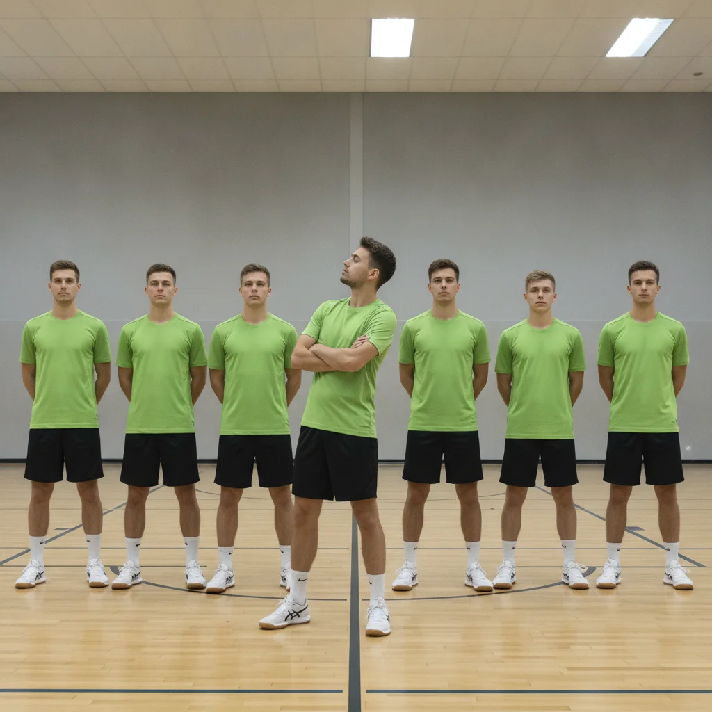Sports team lineup with the second player from the left looking off-camera