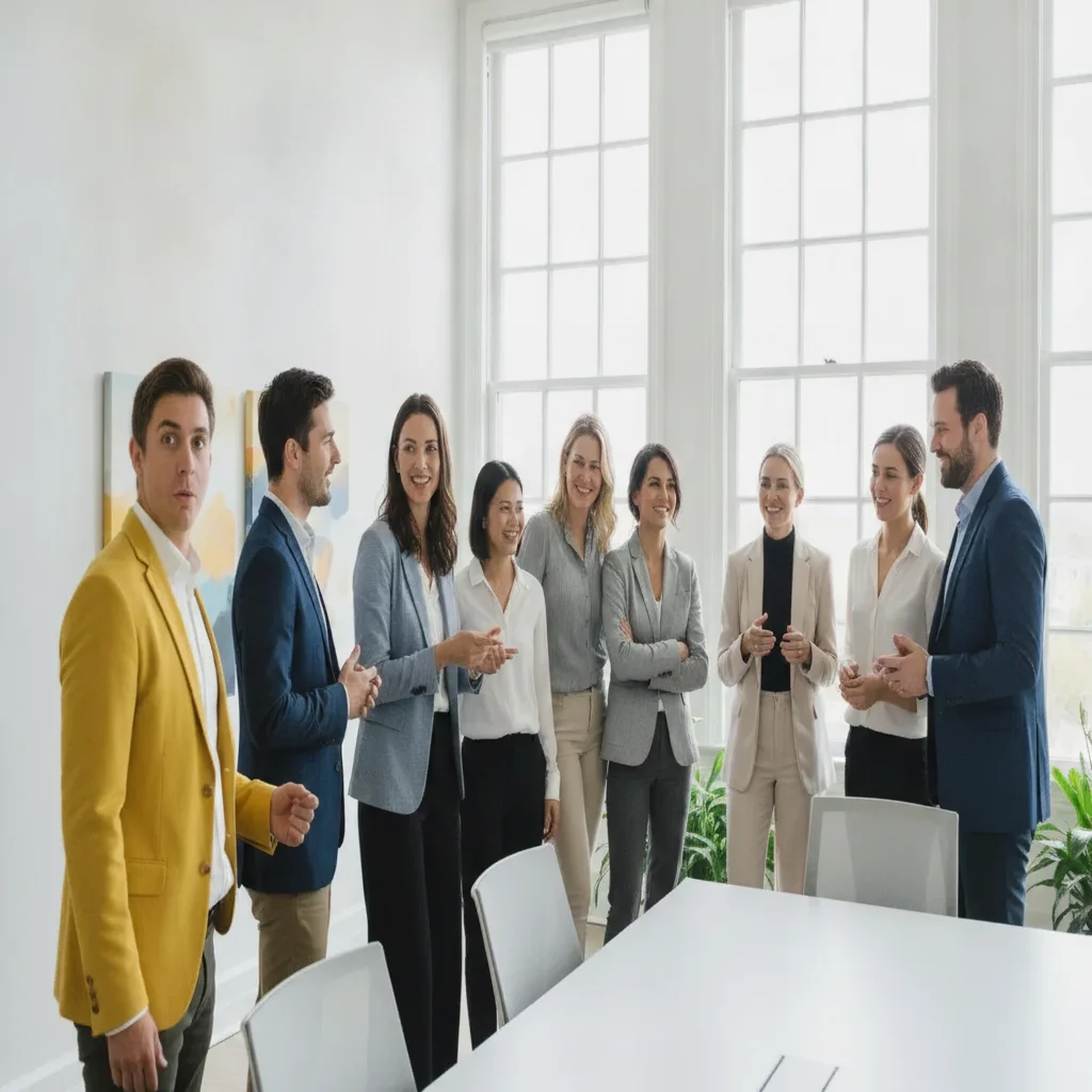 Same office team photo with that person's expression fixed using the reference photo