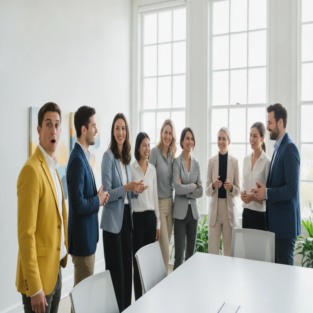 Office team photo with the person at the far left in a yellow blazer mid-sentence