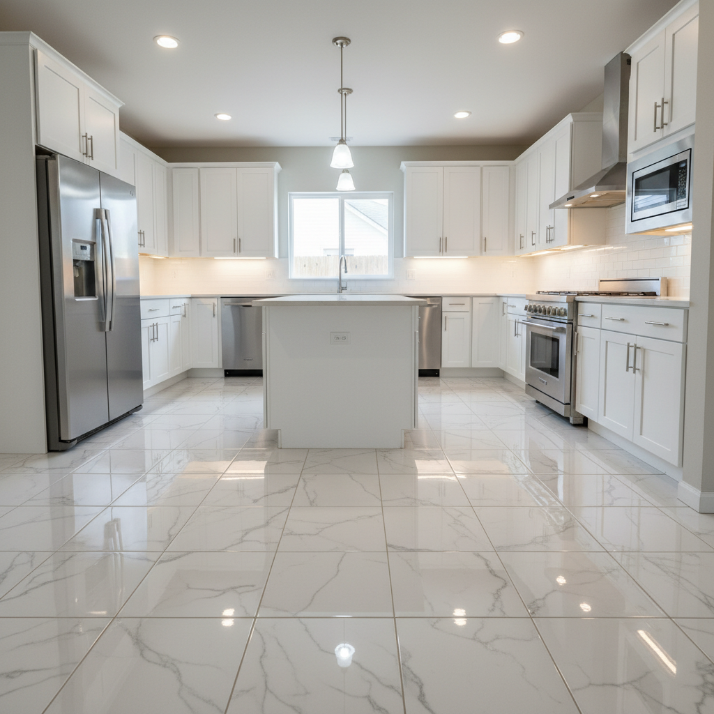 Same kitchen with white marble flooring