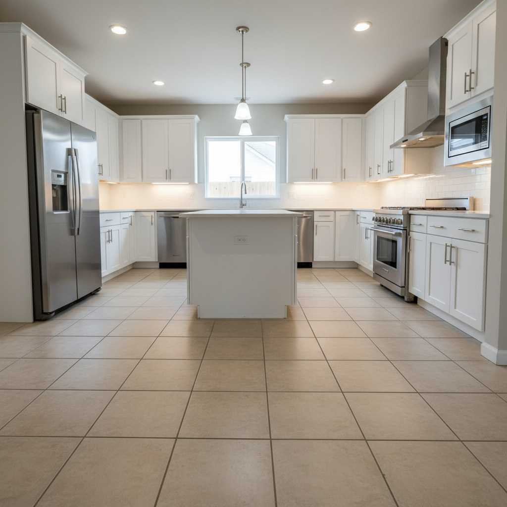 Kitchen with basic beige tile floor