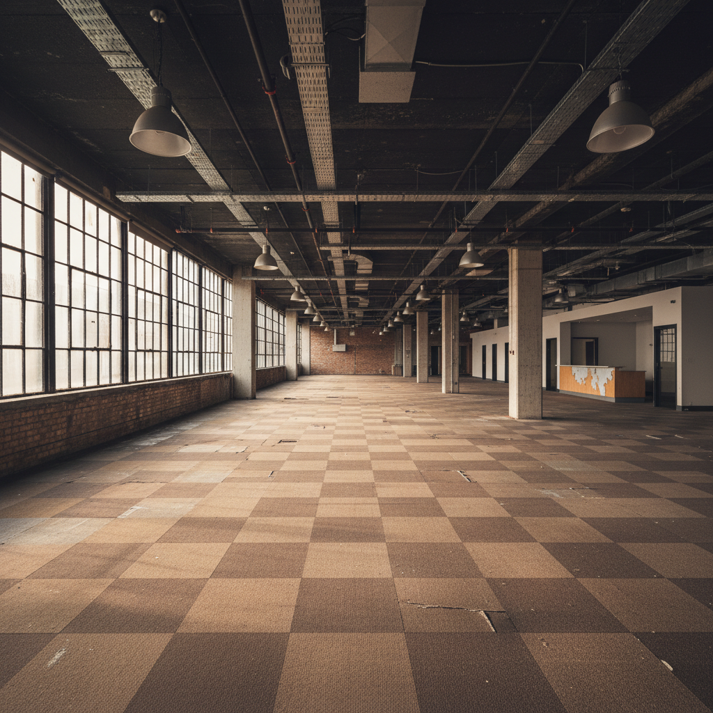 Office with old brown carpet tiles