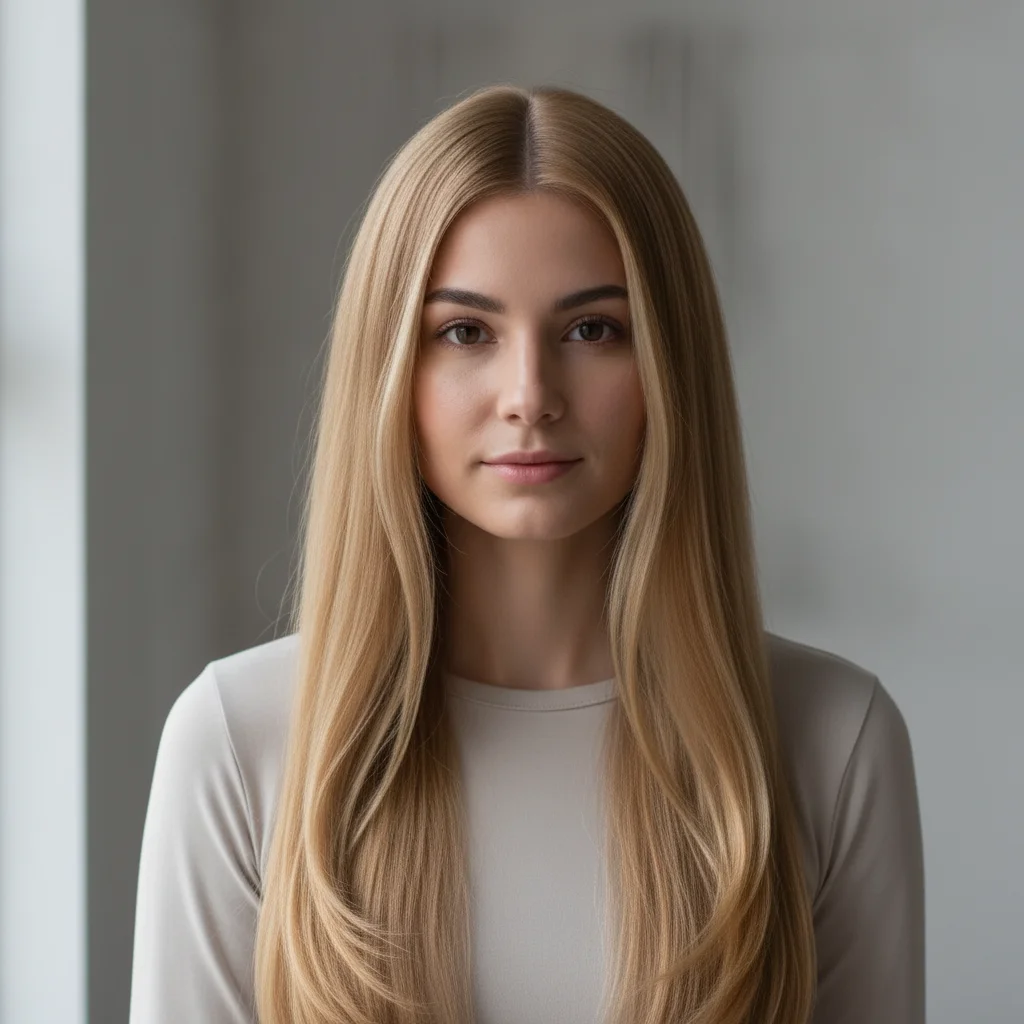 Same woman with warm golden blonde hair, skin tone and lighting unchanged