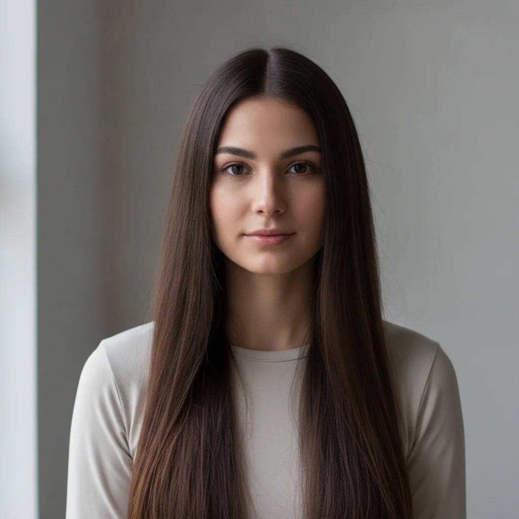 Young woman with long straight dark brown hair, natural window light