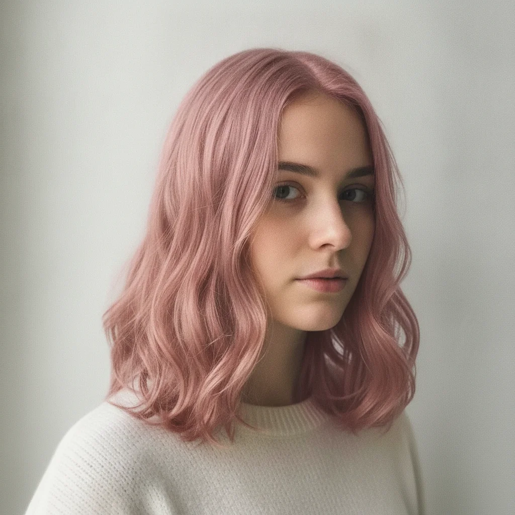 Same woman with soft dusty rose pastel pink hair, face and background unchanged