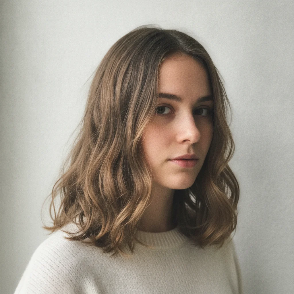 Woman with medium light brown wavy hair against a white wall