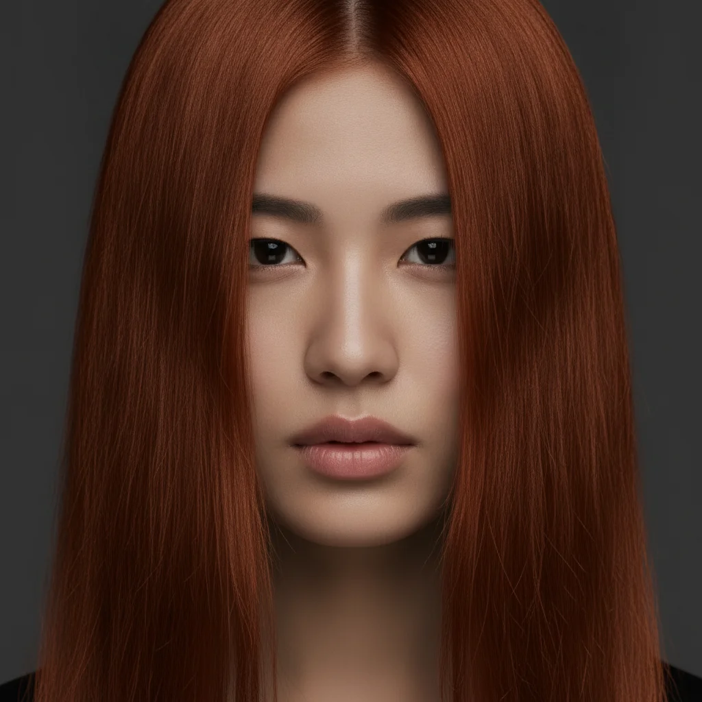Same person with rich copper auburn hair, glossy and warm, skin tone unchanged