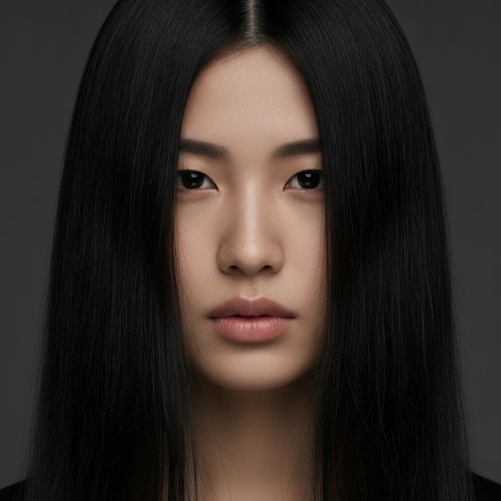 Person with dark straight black hair, studio lighting