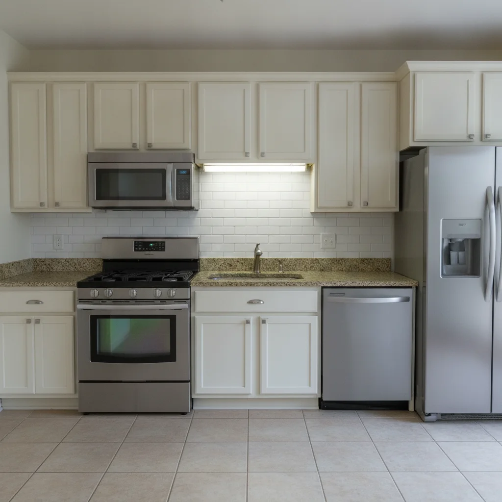 Same kitchen with white subway tile backsplash in brick pattern, cabinets unchanged
