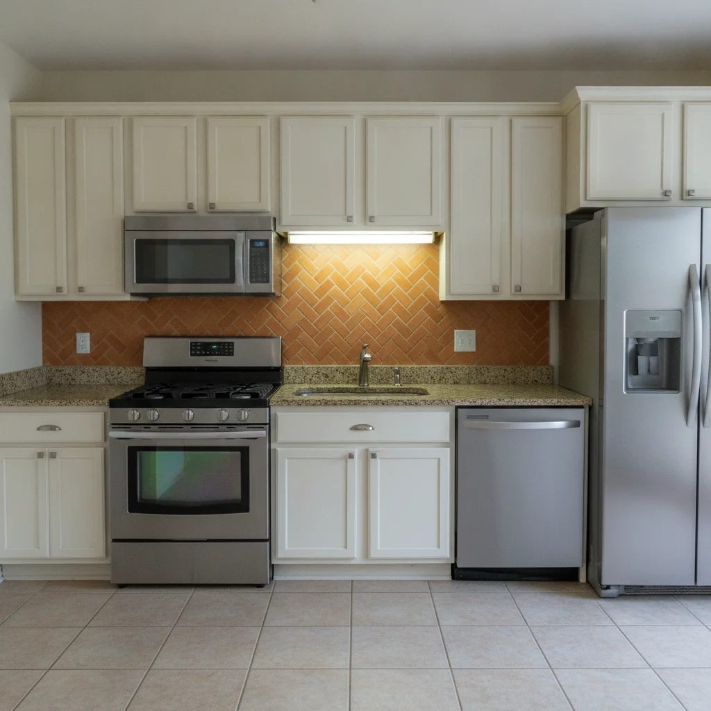 Kitchen with orange-brown terracotta tile backsplash and cream cabinets